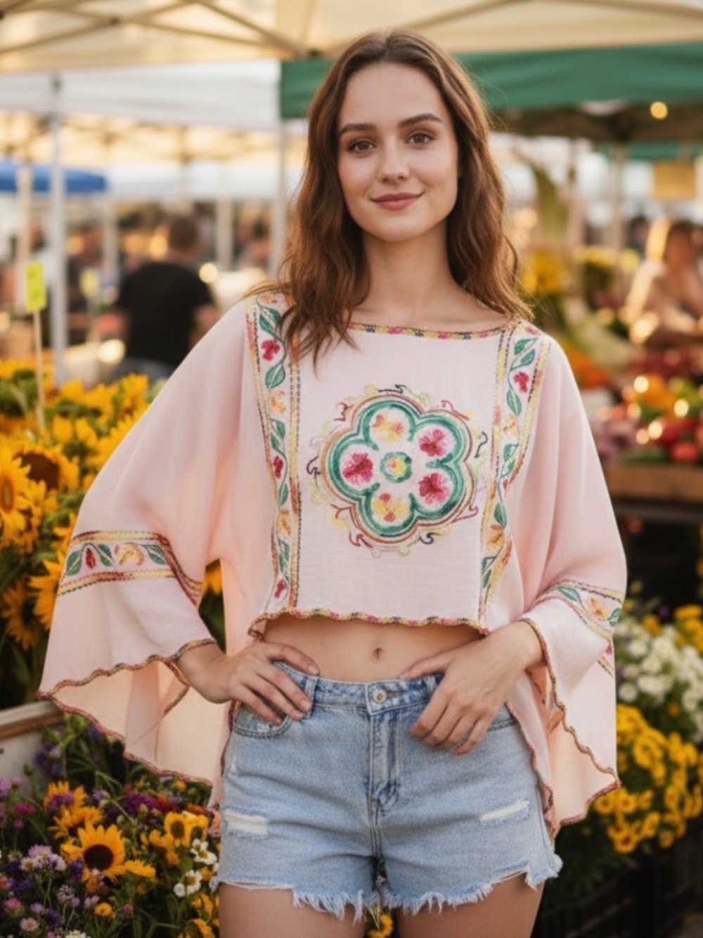 Boho Floral Embroidered Multi wear Poncho Kimono Cover up